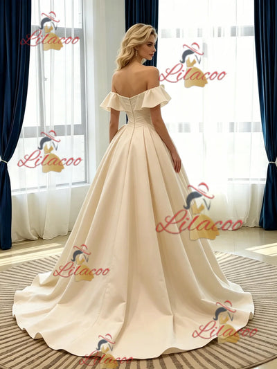 Champagne Satin Off the Shoulder Pleats Wedding Dress