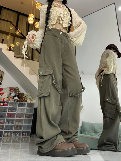 Retro Loose Big Pocket Army Green Pants