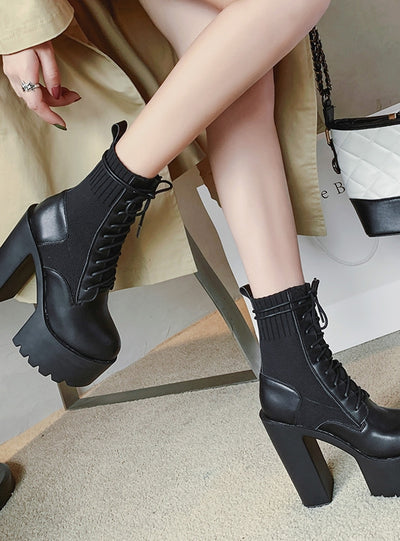 Knitted Elastic Thick Heel Lace-up Martin Boots