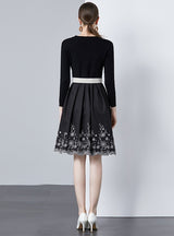 Black Knitted Stitching Printed Pleated Dress