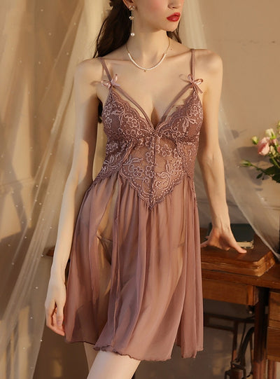 Perspective Split Bow Gauze Nightdress