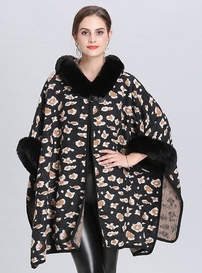 Loose Leopard Print Hooded Knitted Cloak Shawl Coat