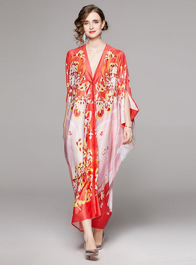Printed V-neck Loose Bat Dress