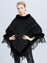 Jacquard Pearl Fringed Fur Collar Shawl Cloak