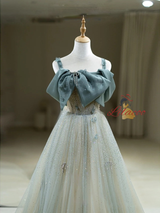 Blue Tulle Straps Bow Beading Prom Dress