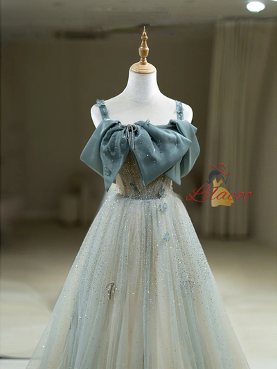 Blue Tulle Straps Bow Beading Prom Dress
