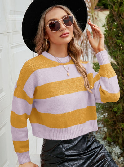 Short Round Neck Striped Contrast Sweater