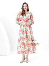 Retro Lace V-neck Long Printed Dress