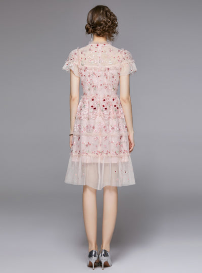 Short-sleeved Sequined Gauze Embroidered Dress