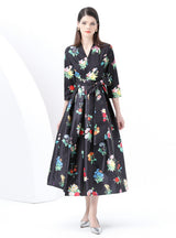 Vintage Printed V-neck Long Sleeves Dress