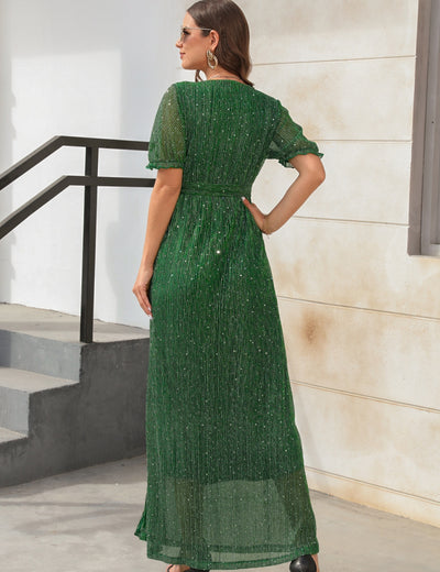 V-neck High Waist Split Short Sleeve Dress