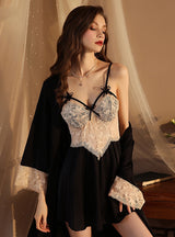 Satin Suspender Nightgown Long Sleeve Bathrobe Suit