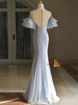 Blue Mermaid Sequins Tulle Short Sleeve Prom Dress