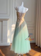 Green Tulle Lace Straps Prom Dress