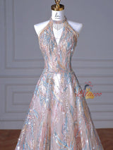 Champagne Sequins Halter Beading Prom Dress