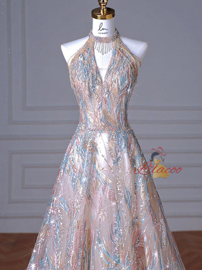 Champagne Sequins Halter Beading Prom Dress