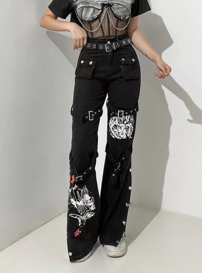 Printed Metal Button Denim Pant