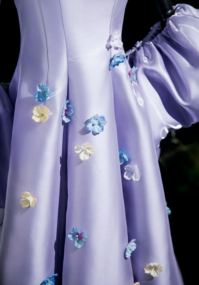 Purple Satin Strapless 3D Flower Prom Dress