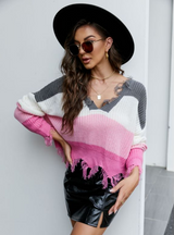 Loose Short V-neck Fringed Sweater