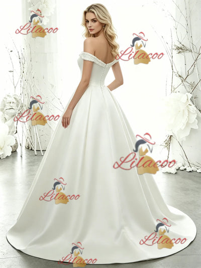 White Satin Off the Shoulder Wedding Dress
