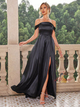 Black Satin Off the Shoulder Split Prom Dress
