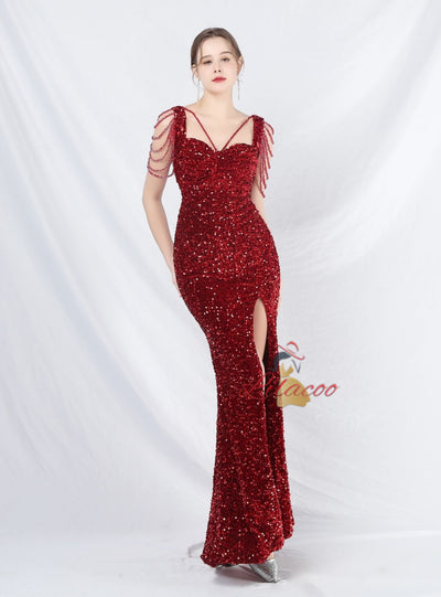 Mermaid Sequins Straps Beading Prom Dress