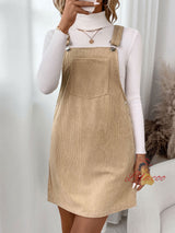 Pocket Strap Corduroy Solid Color Casual Dress