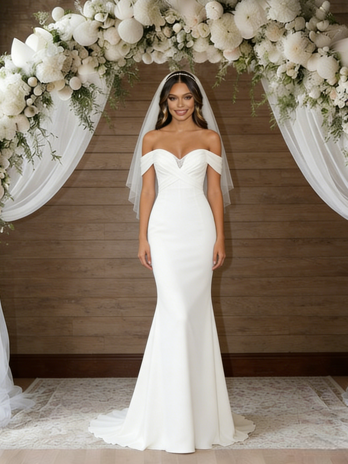 White Mermaid Off the Shoulder Pleats Wedding Dress