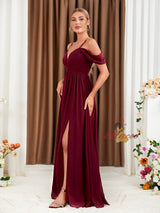 Burgundy Chiffon V-neck Pleats Prom Dress
