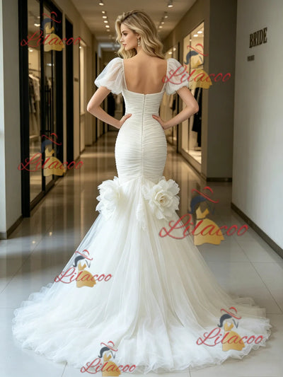 White Mermaid Tulle Puff Sleeve Flower Wedding Dress