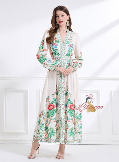 Palace V-neck Breasted Long Printed Dress