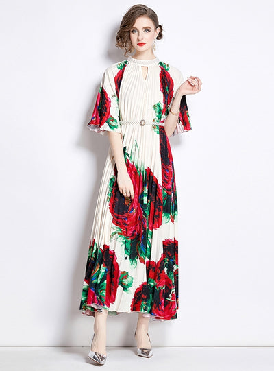 Printed Beaded Pleated Long Dress