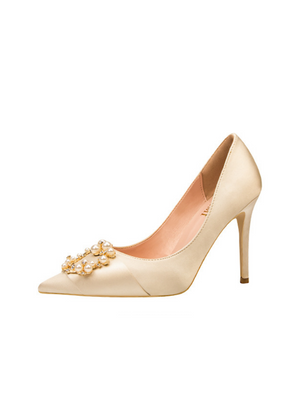 Thin High-heeled Pointed Satin Pearl Buckle Shoes