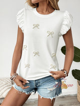 Casual Round Neck Beaded Bubble Sleeve T-shirt