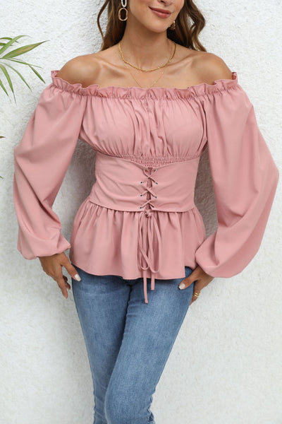 Pleated Lantern Sleeve Long Sleeve Shirt Top