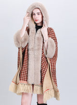Plucked and Thickened Fur Collar Hooded Shawl