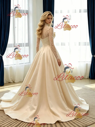 Champagne Satin Long Sleeve Pleats Lace Wedidng Dress