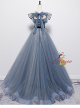 Blue Tulle Sequins Pleats Prom Dress