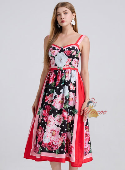 Retro Printed Slim Suspenders Dress