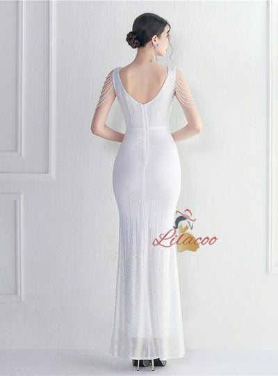 V-neck Sequins Beading Prom Dress