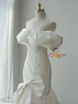 White Mermaid Satin Pleats Wedding Dress With Bow
