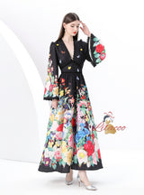 Retro V-neck Breasted Printed Long Dress