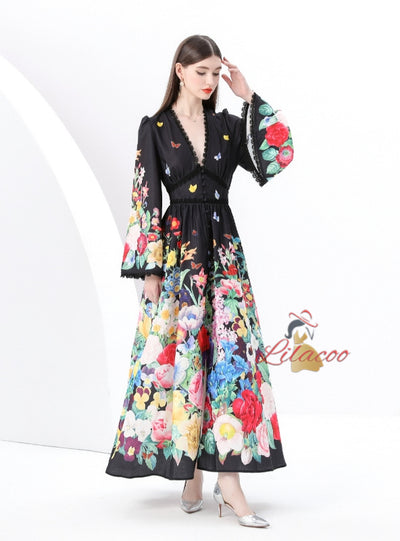 Retro V-neck Breasted Printed Long Dress