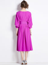 Bat Sleeve High Waist Pleated Dress with Belt