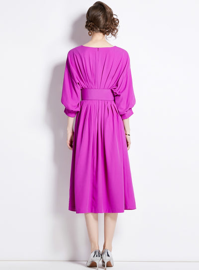 Bat Sleeve High Waist Pleated Dress with Belt