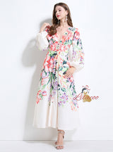 Retro Printed Breasted Puff Sleeve Dress