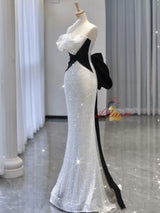 White Mermaid Sequins Pleats Prom Dress