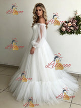 White Tulle Long Sleeve Wedding Dress