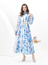 Spliced Wide Swing Printed Lace Long Dress