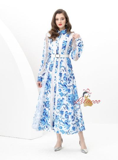 Spliced Wide Swing Printed Lace Long Dress